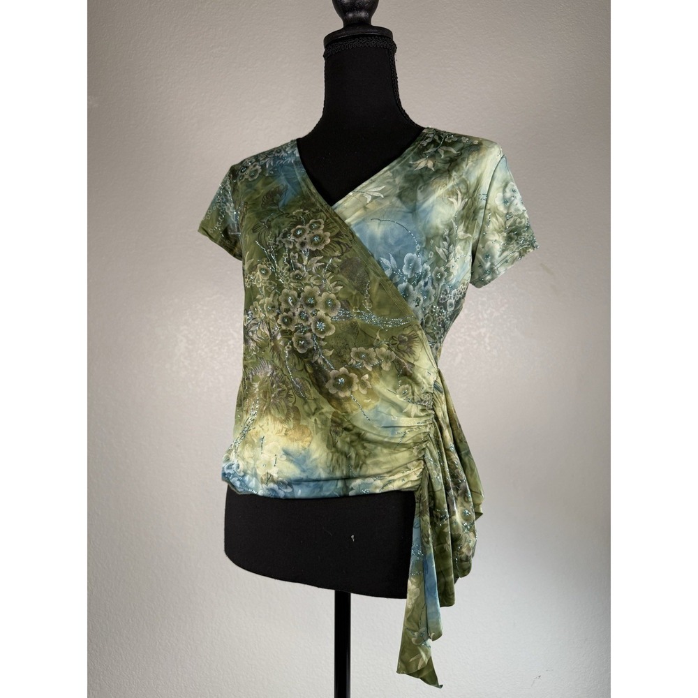 Y2K Brittany Black Green Multicolored  Short Sleeve Faux Wrap Blouse Size Medium